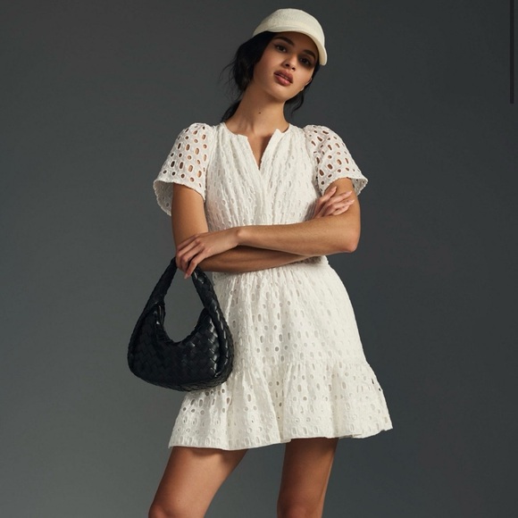Anthropologie Dresses & Skirts - Anthropologie Maeve White Eyelet Puff Sleeve Smocked Waist Mini Dress Size 0